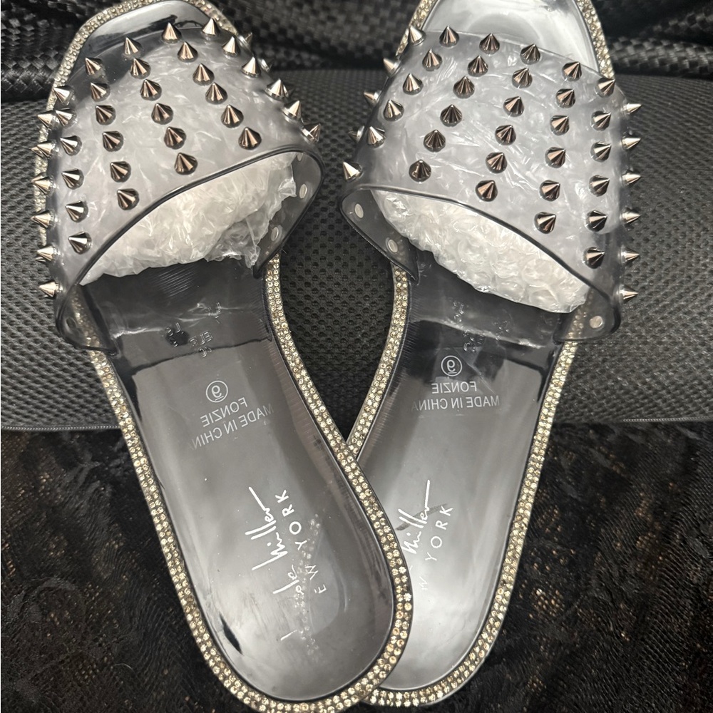 Nicole Miller clear jelly studded slip on flats